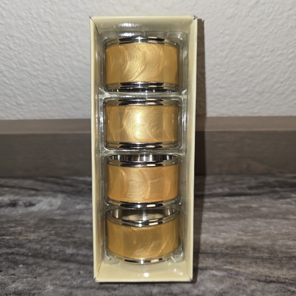 Lenox Gold Enamel Napkin Rings Set of 4 Silver Tone Trim NIB Table Decor - Picture 2 of 6
